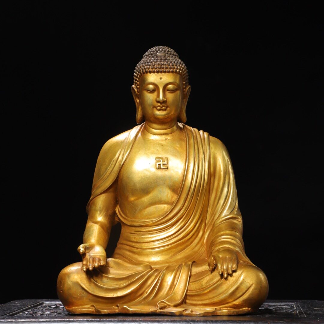 大日如来佛像纯黄铜鎏金释迦牟尼家居佛堂供奉桌面装饰品复古摆件