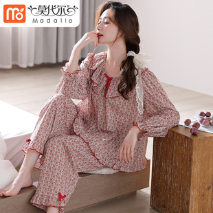 睡衣春秋季秋款宽松女款长袖套头纯棉全棉中年大码妈妈家居服套装