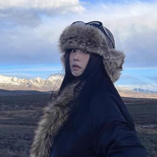 川西旅游皮质雷锋帽秋冬季东北旅游穿搭骑车加厚毛绒护耳防寒帽子