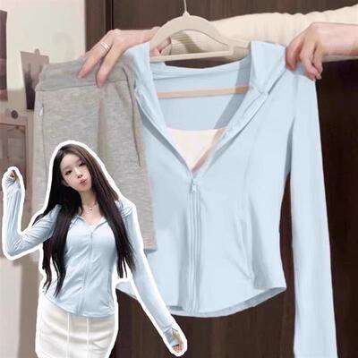 蓝色冰丝防晒衣女款2026年春夏新款夏季瑜伽服修身短款上衣薄外套