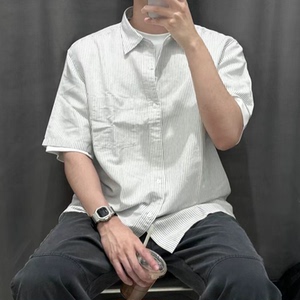 夏季男女同款麻棉条纹衬衫短袖休闲复古通勤衬衣 457774/457775