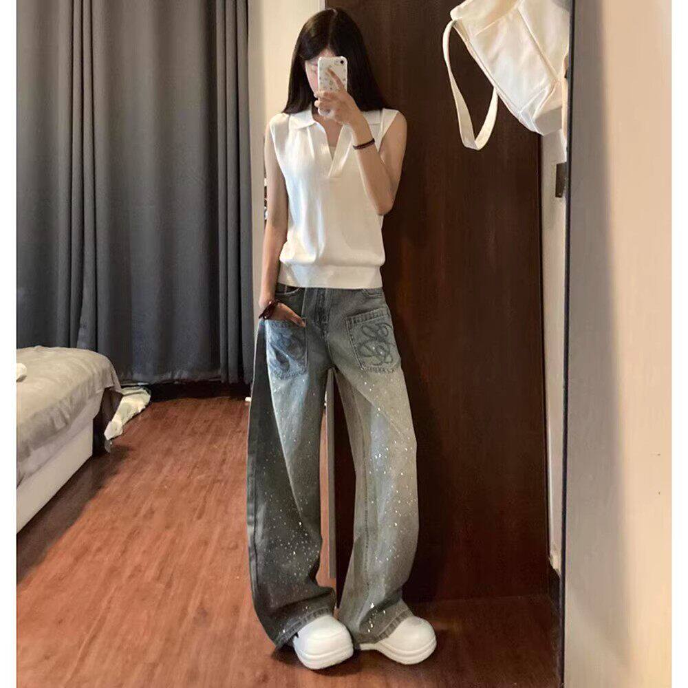 美式复古刺绣烫钻弯刀牛仔裤女春季低腰宽松直筒阔腿拖地镰刀裤子