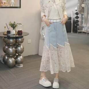 2026春夏季新款牛仔拼接人鱼半身裙女大码显瘦不规则a字蕾丝纱裙