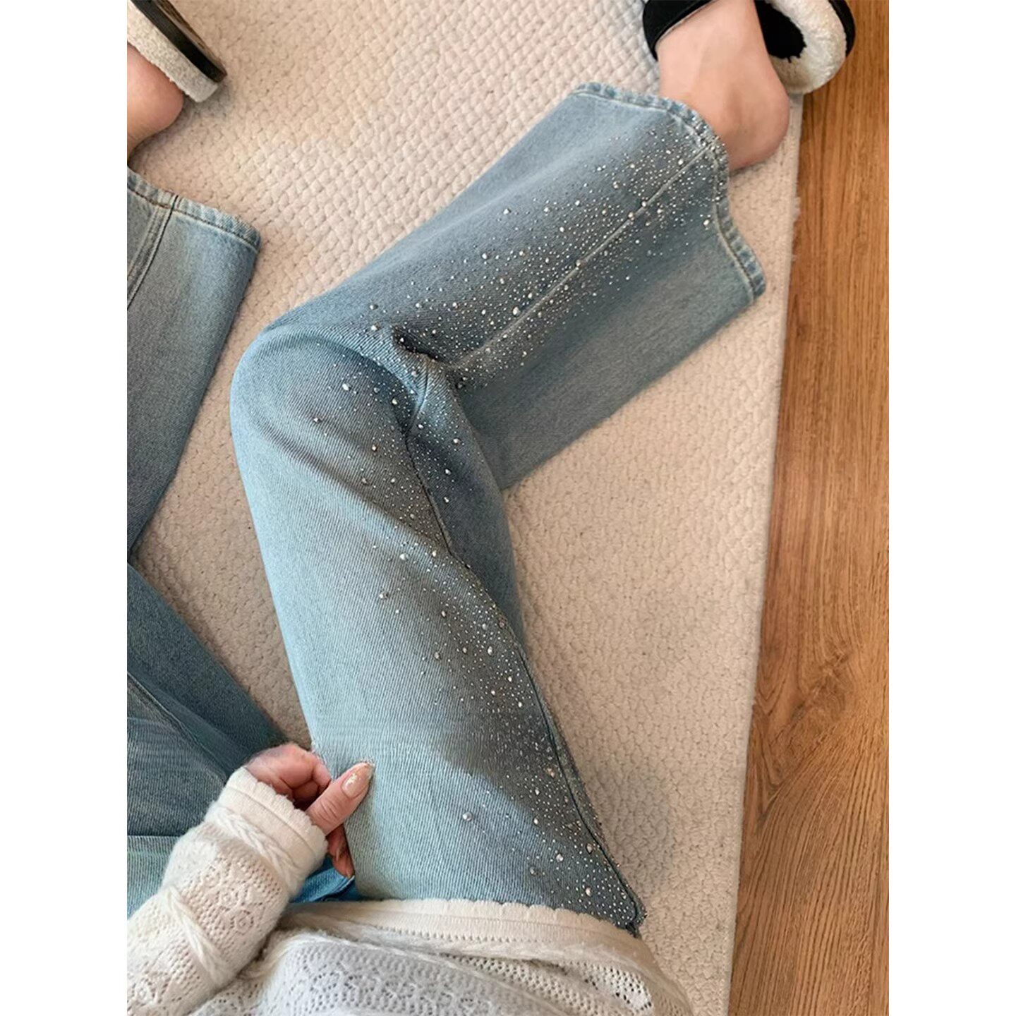 浅蓝色侧边烫钻直筒牛仔裤女春季新款小个子显瘦九分带钻阔腿裤子