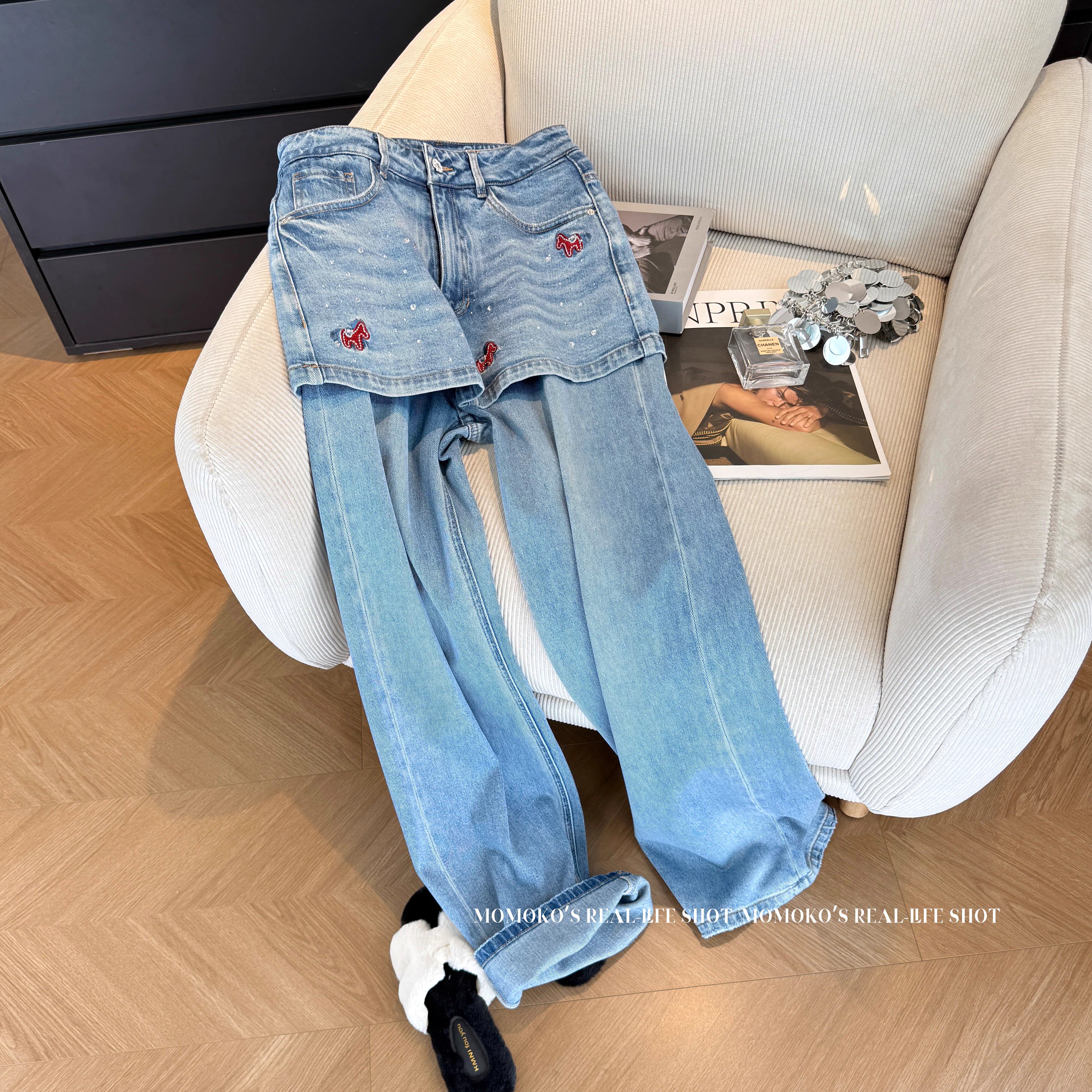 蓝色小马刺绣烫钻假两件牛仔裤女2026春季新款小众设计感直筒裙裤