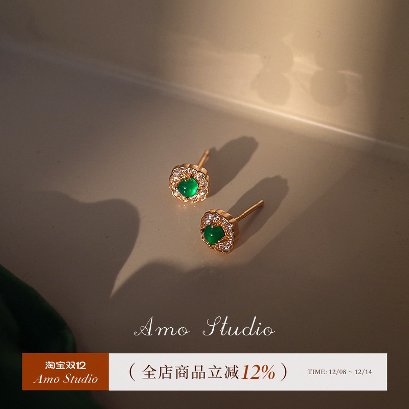 AMO祖母绿玉髓银针耳钉女气质轻奢小巧精致方形耳环2025年新款潮