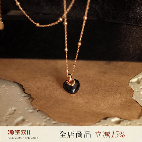 AMO闪钻黑色爱心项链女小众设计