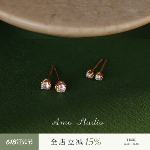 AMO闪钻耳钉小925纯银养耳洞百搭