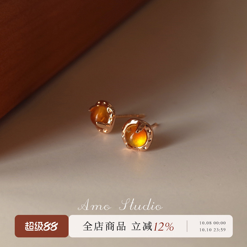 AMO合成琥珀耳钉女小众高级复古
