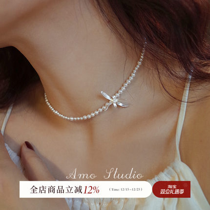 AMO幽兰小众独特兰花人造珍珠项链女chocker气质高级感串珠锁骨链