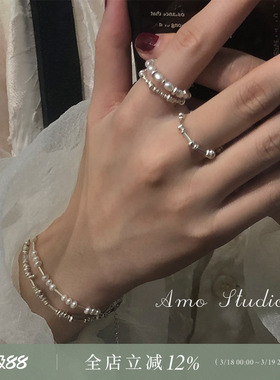 AMO天然珍珠小碎银戒指纯银小众