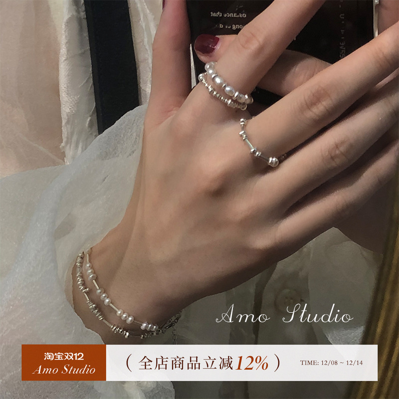 AMO小碎银天然珍珠纯银戒指女轻奢小众设计高级感时尚个性食指戒