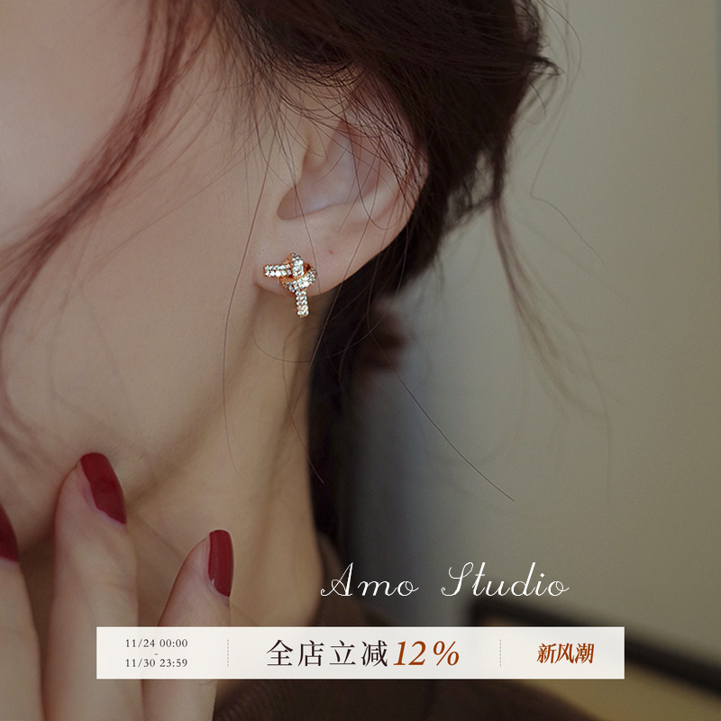 AMO打结爱心耳环女银针满钻气质