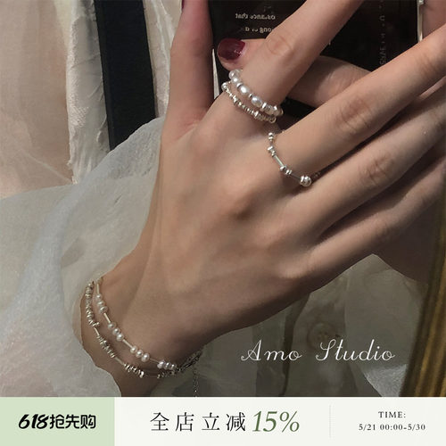 AMO天然珍珠小碎银戒指纯银小众