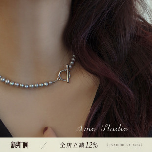 AMO天然灰珍珠项链女轻奢小众设计高级2026年新款 叠带颈链锁骨链