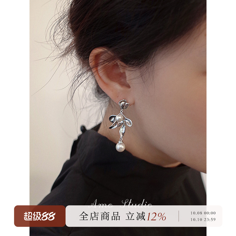 鸢尾花朵人造珍珠耳环女法式高级