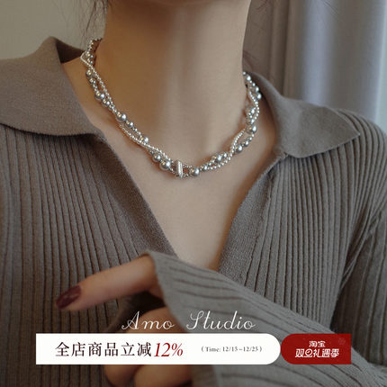 AMO浪漫情调施家人造珍珠项链女法式复古高级感双层纯银锁骨链