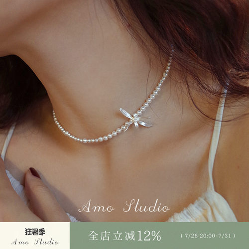 AMO兰花人造珍珠项链chocker复古