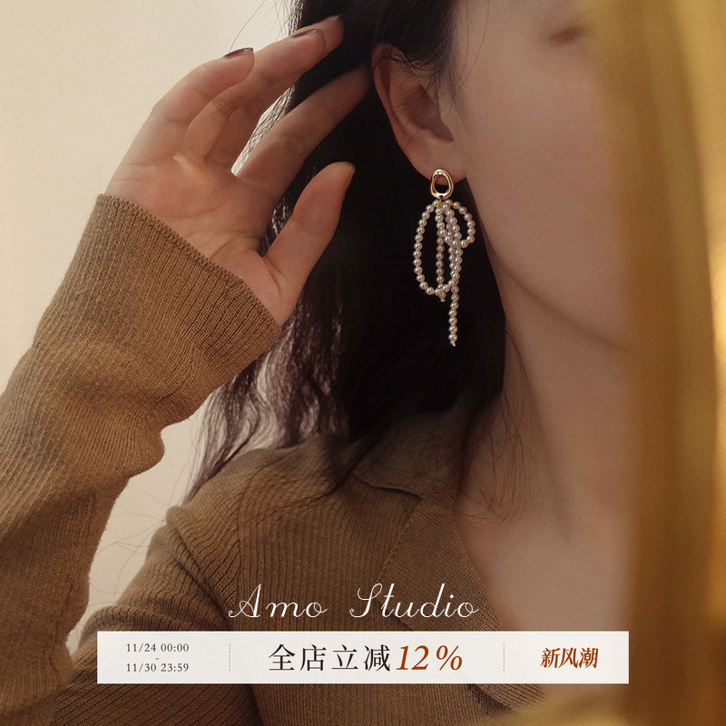 AMO珍珠耳环女多层流苏法式