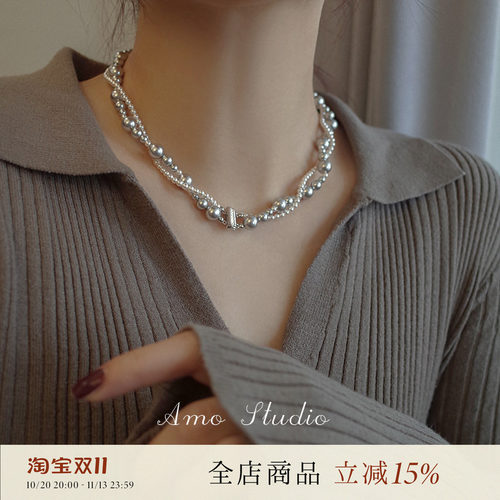 AMO人造珍珠项链女纯银双层复古