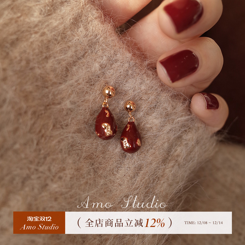 AMO红色水滴耳环女显白轻奢高级