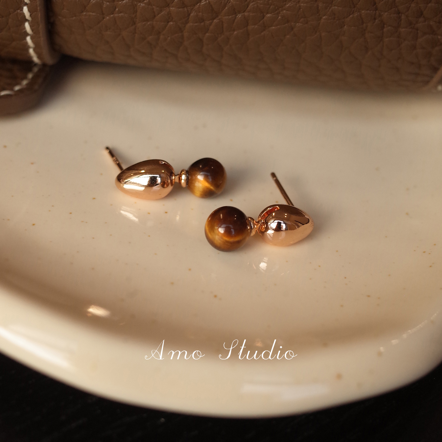 AMO可晃动虎眼石耳钉女高智秋冬