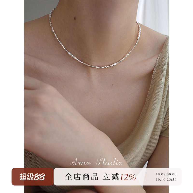 AMO小米珠珍珠碎银项链纯银叠戴