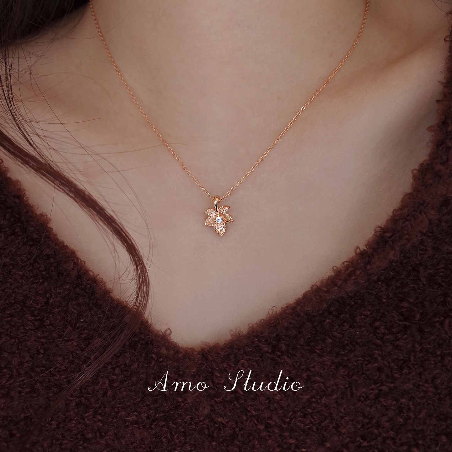 AMO闪钻枫叶项链银复古秋冬小众