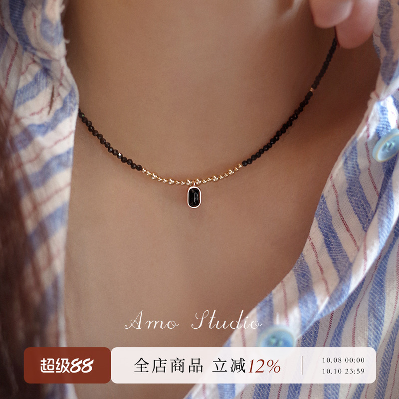 AMO黑尖晶金珠项链小众高级复古