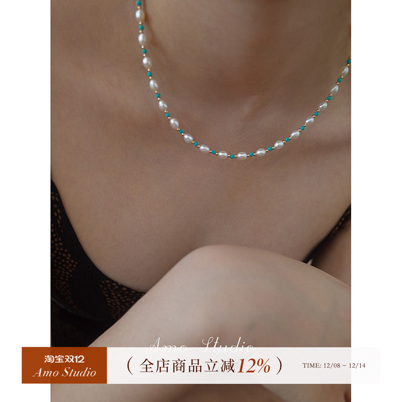 AMO天然绿松石珍珠项链女复古