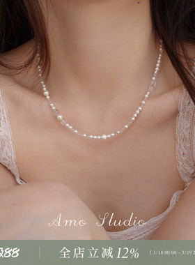 AMO白水晶人造珍珠项链女冷淡风