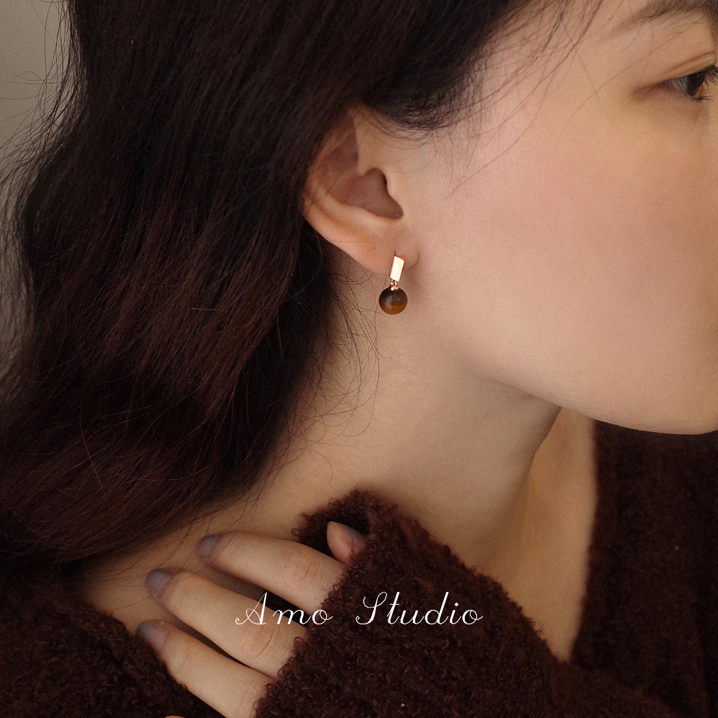 AMO可晃动虎眼石耳钉女秋冬复古