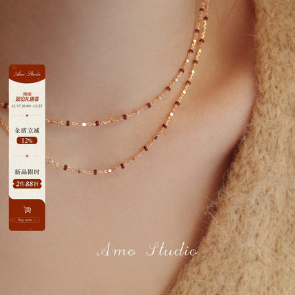 AMO朱砂简约基础款红色滴釉纯银项链女叠戴复古百搭氛围感锁骨链