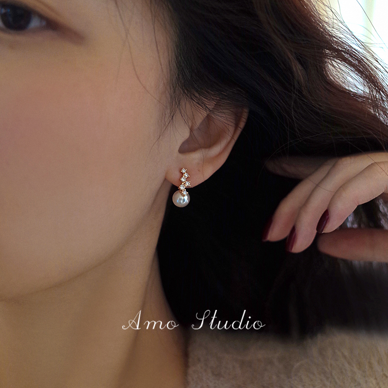 AMO闪钻人造珍珠耳环女温柔气质