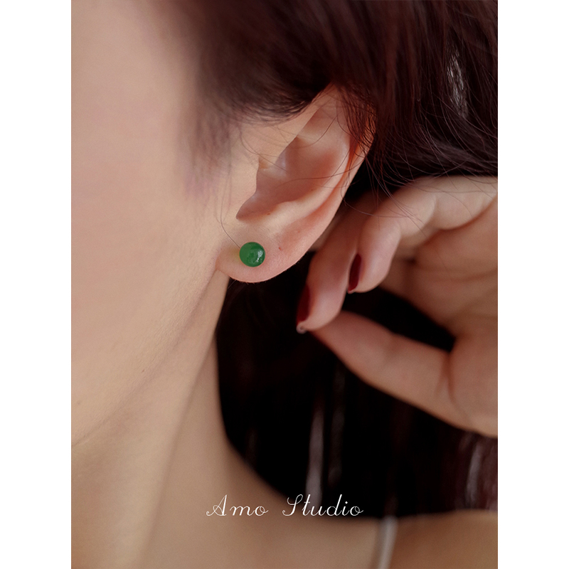AMO天然绿玛瑙耳环女纯银新中式