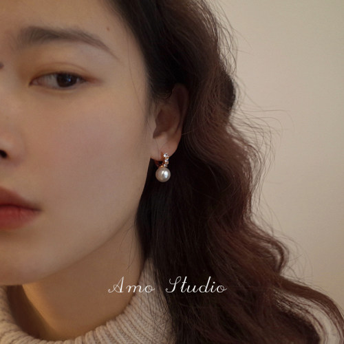 AMO镶钻人造珍珠耳环女经典气质