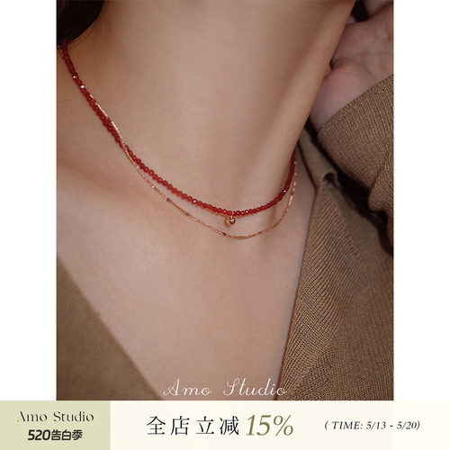 AMO天然红玛瑙金珠项链女纯银