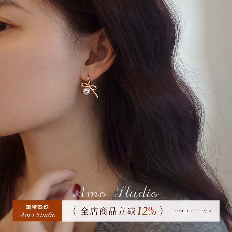 AMO蝴蝶结人造珍珠耳环芭蕾少女