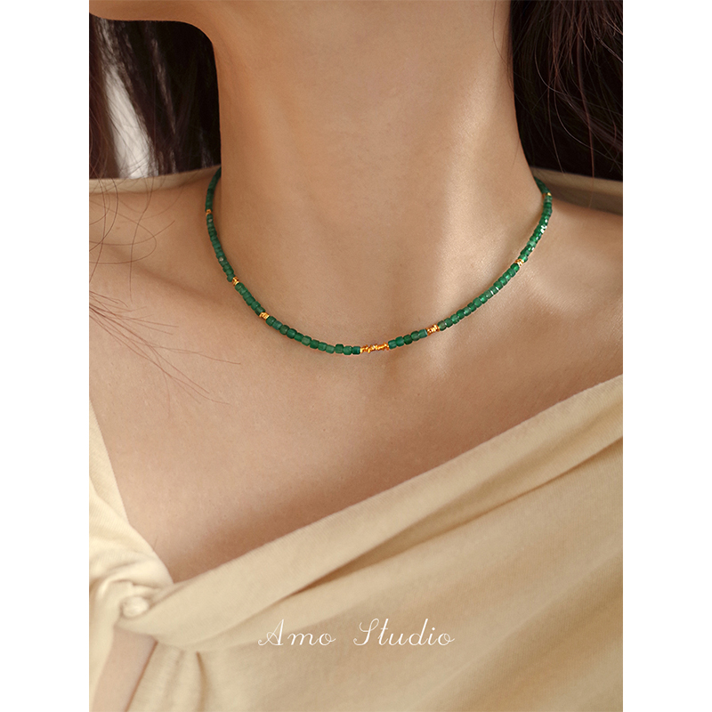 AMO天然绿玉髓碎银子项链女显白