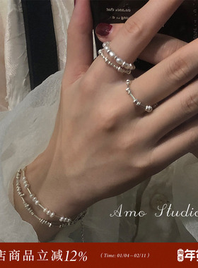 AMO天然珍珠小碎银戒指纯银小众