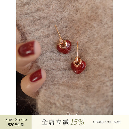 AMO红色爱心耳环女银针小众复古