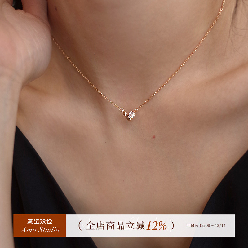 AMO闪钻爱心项链女纯银简约高级