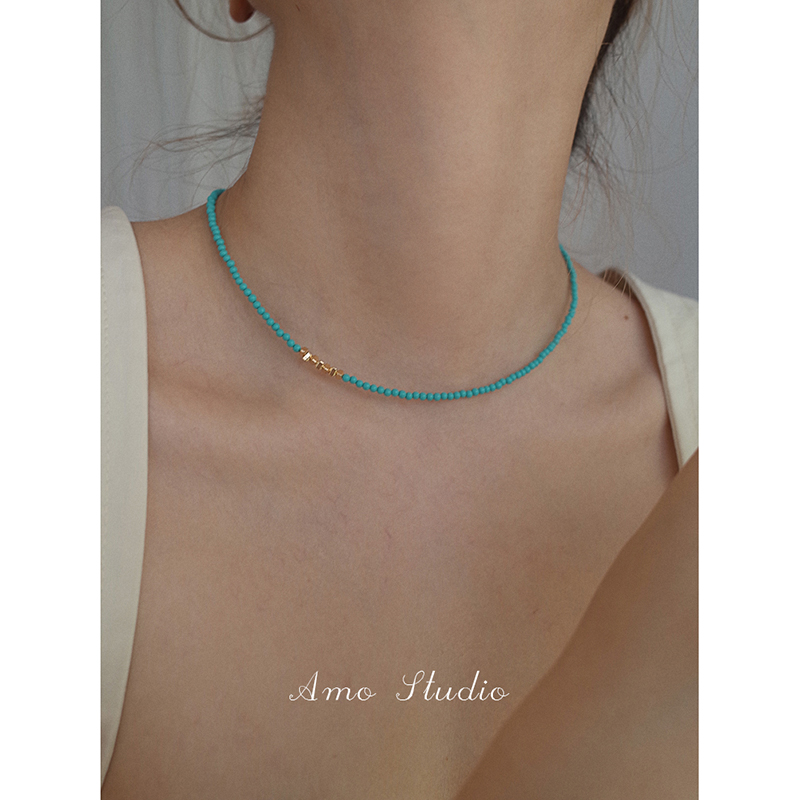 AMO天然绿松石碎银项链女小众