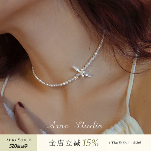 AMO兰花人造珍珠项链chocker复古