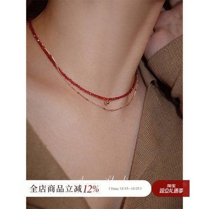 AMO一条红绳天然红玛瑙项链女纯银轻奢小众转运金珠细锁骨链显白