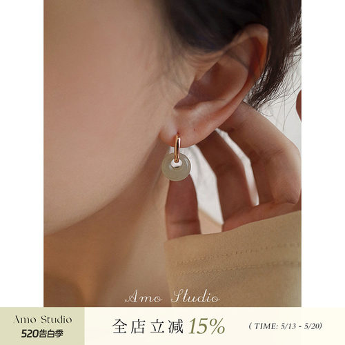 AMO天然和田玉耳环女转运中式