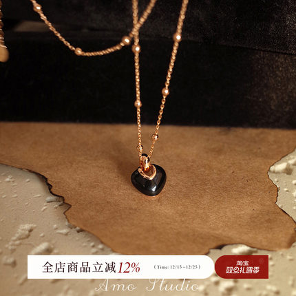 AMO暗里着迷闪钻黑色爱心项链女轻奢小众设计高级锁骨链新款2025