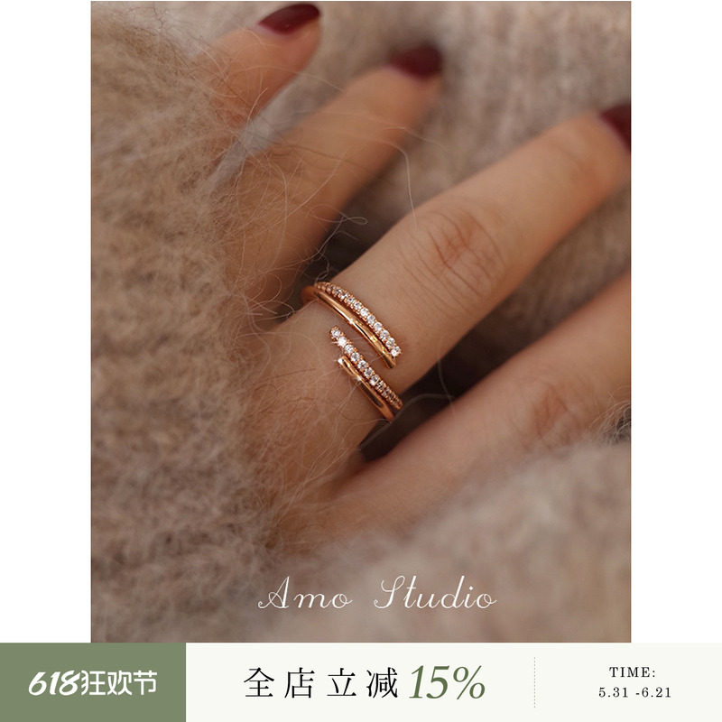 AMO回旋曲小众设计双层闪钻戒指女细纯银叠戴时尚个性开口食指戒