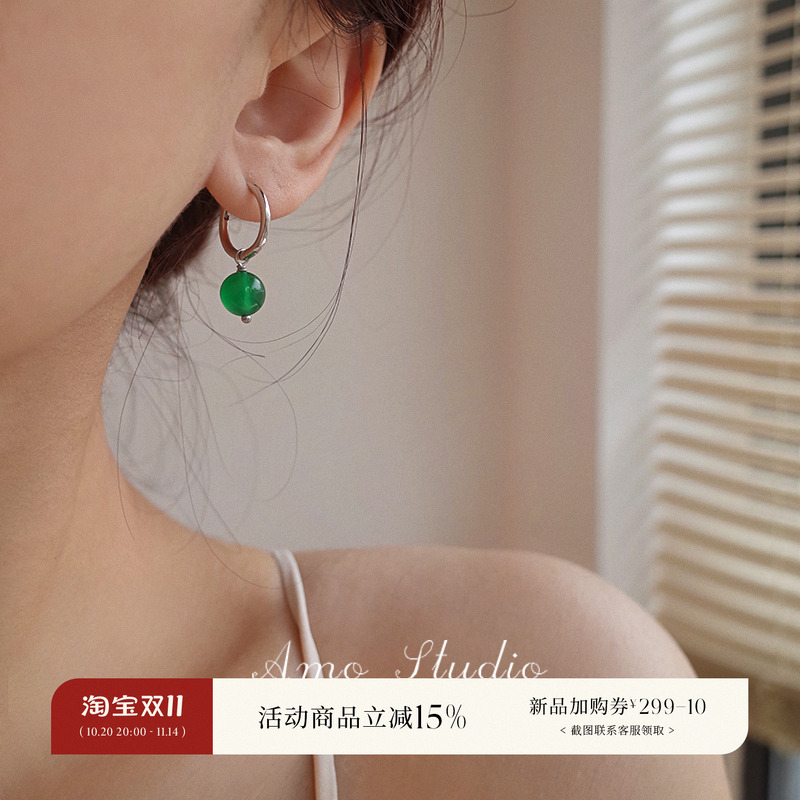 AMO绿玛瑙圆圈耳环新中式两戴