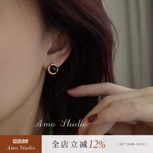 AMO黑玛瑙耳环女银针复古气质